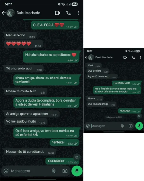 Conversa de WhatsApp com a Dulci comemorando a aprovação no mestrado